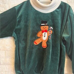 90s Good as Gold Green Velvet Sweater with Gingerbread Design